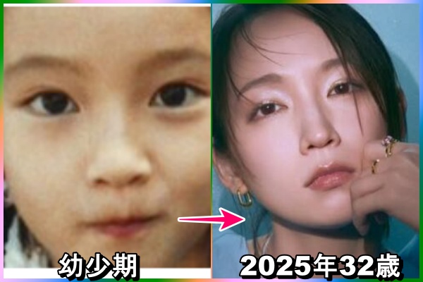 幼少期と2025年32歳の吉岡里穂さんの画像。
